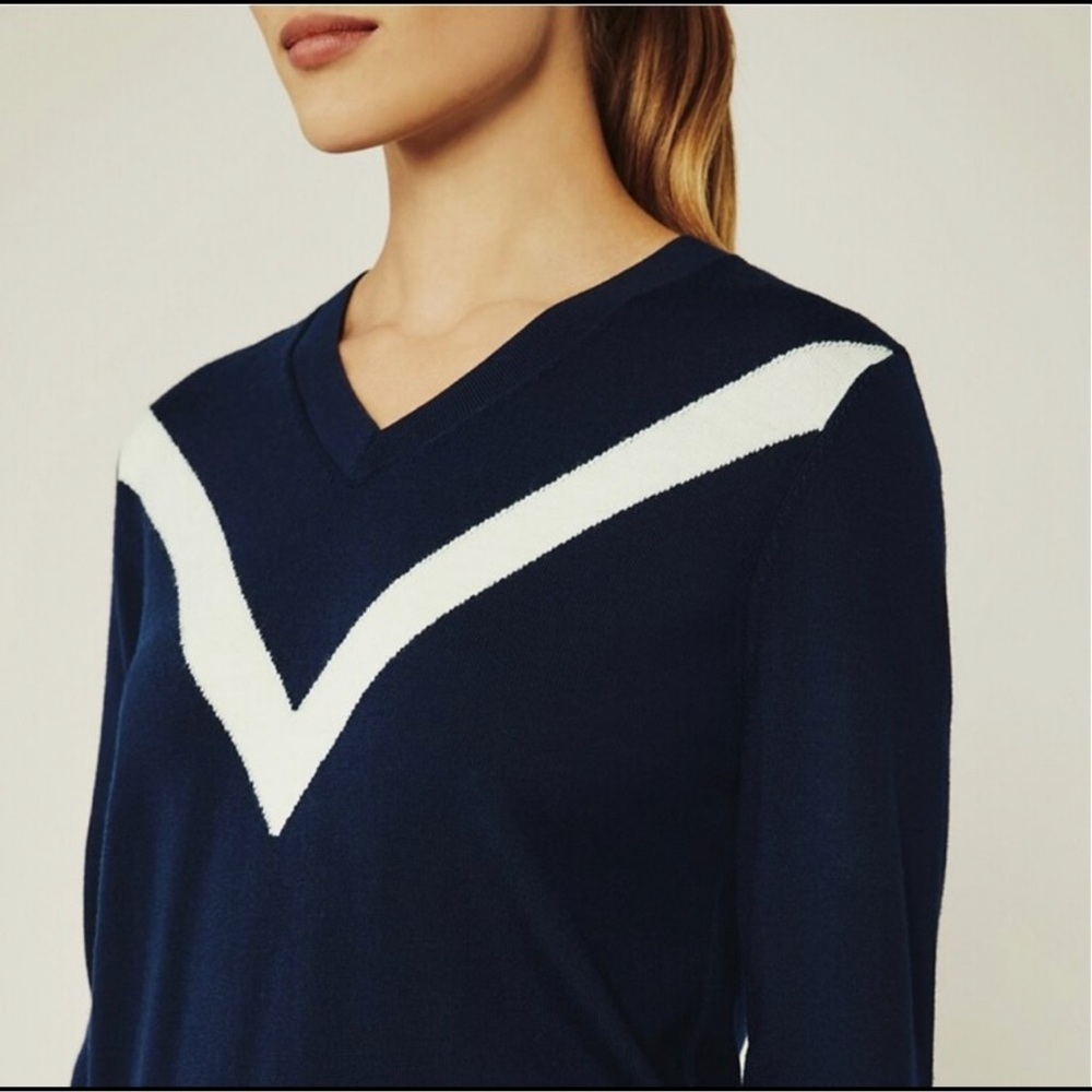 TORY BURCH‎ Merino Wool Chevron Sweater Navy White Chevron Size Large